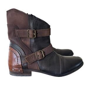Naughty Monkey Leather Moto Ankle Boots Brown Double Buckle Strap Heel Zip 7.5